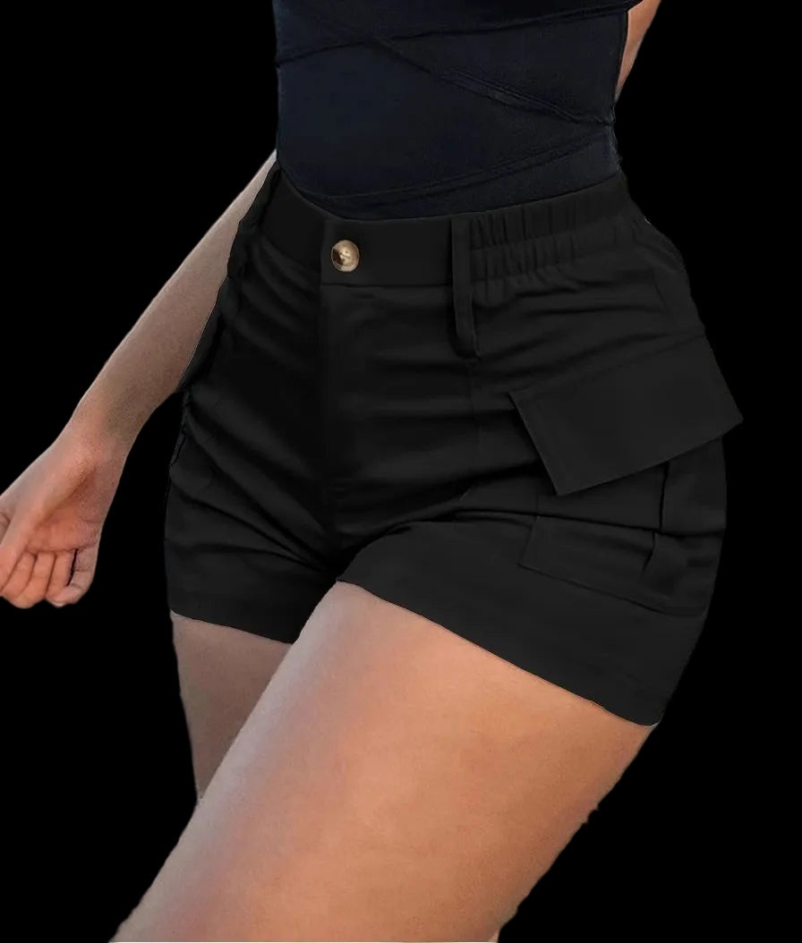 Pantaloncini casual da donna primavera 2025, vita alta, bottoni, streetwear, pantaloncini cargo con tasche.