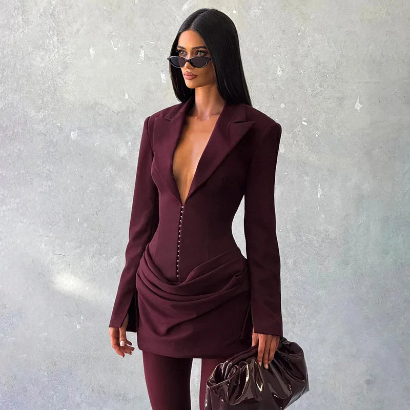 Tornova Deep V neck Ruched Mini Dress For Women Fashion High Waist Commuting Dress Long Sleeve Autumn Winter New Female Dress