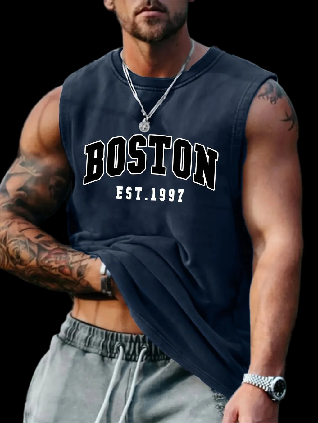 Canotta  sportivo casual estivo da uomo Boston est 1997 con stampa, comodo e traspirante, girocollo, senza maniche