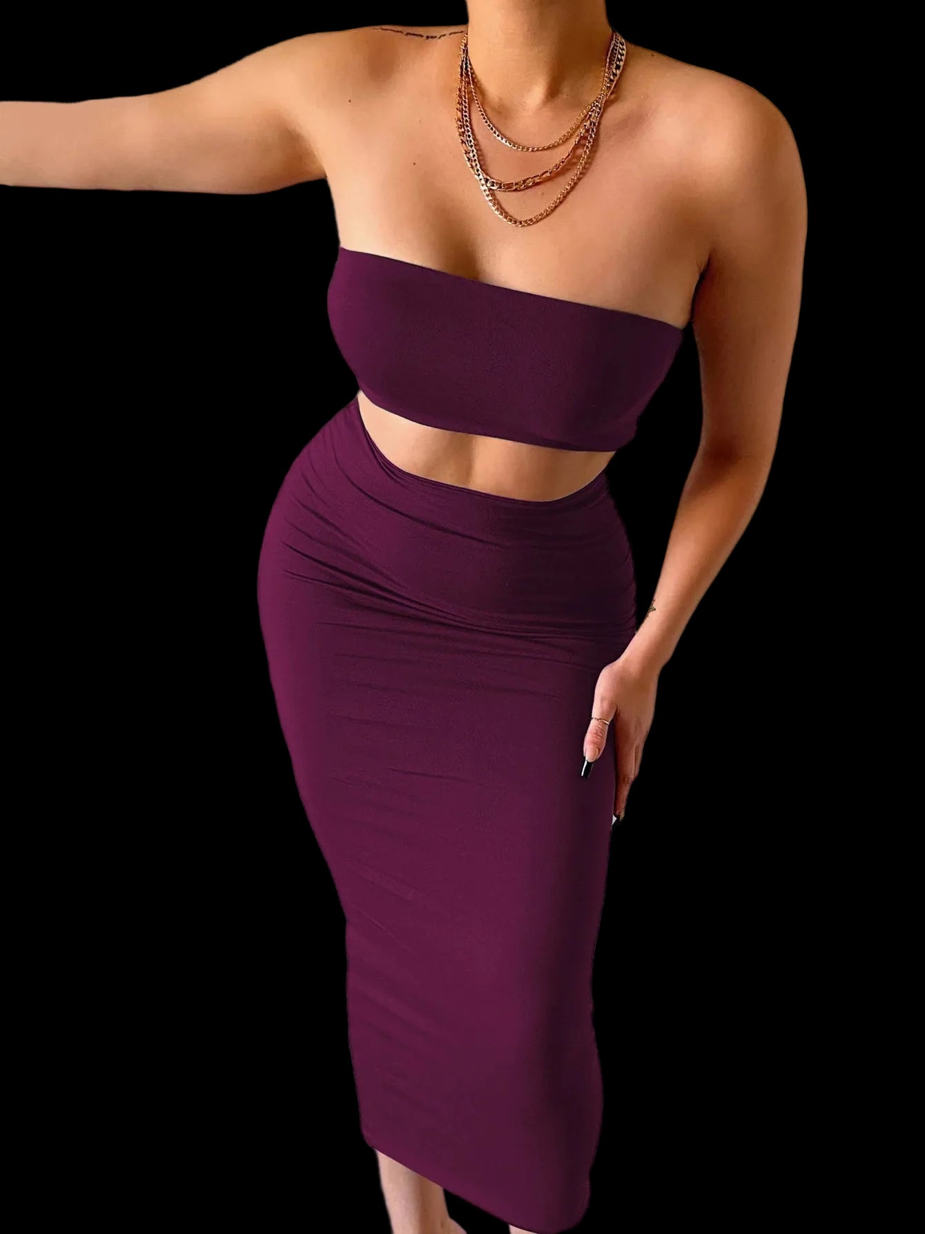 Completo da donna  elegante 2 pezzi: top corto senza spalline, gonna lunga, abbigliamento casual estivo 2025