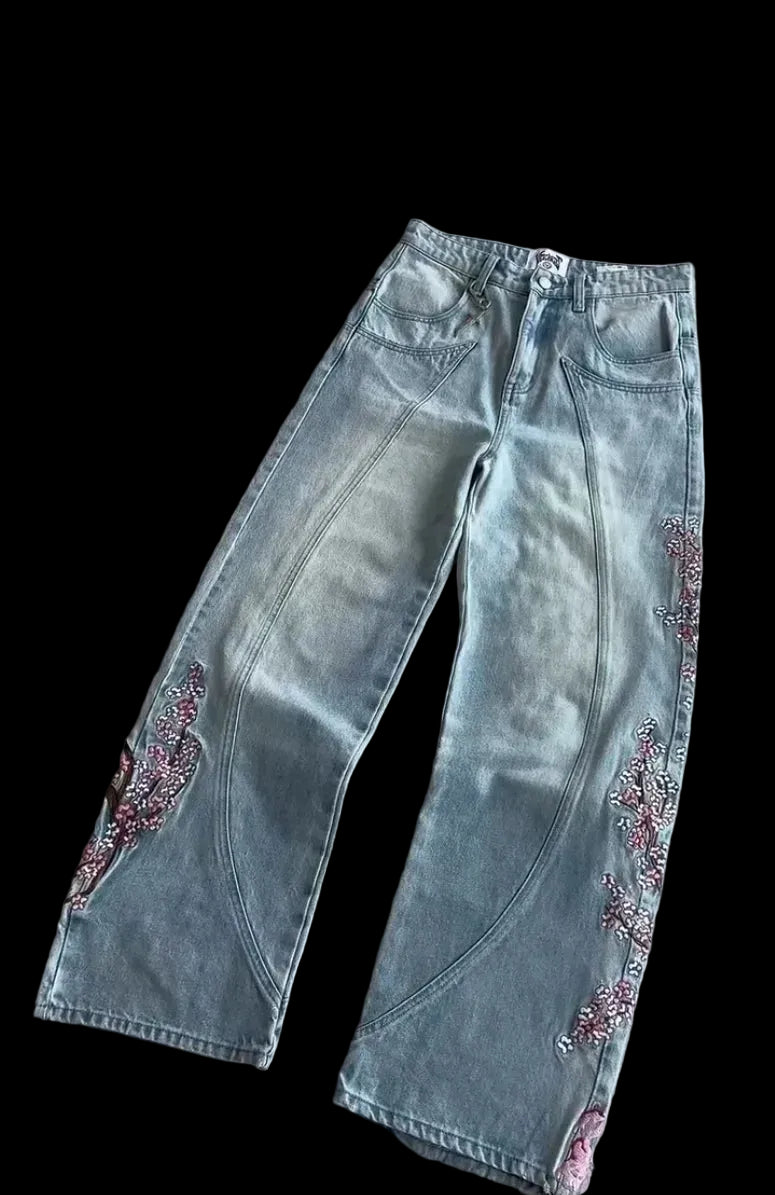Jeans vintage con ricamo Cherry Blossom Black Knight