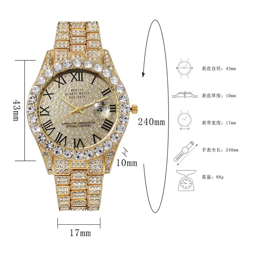 Hot Sale Diamond Bling Watch Men Gold Color Luxury Gift Quartz Watches Male Clock