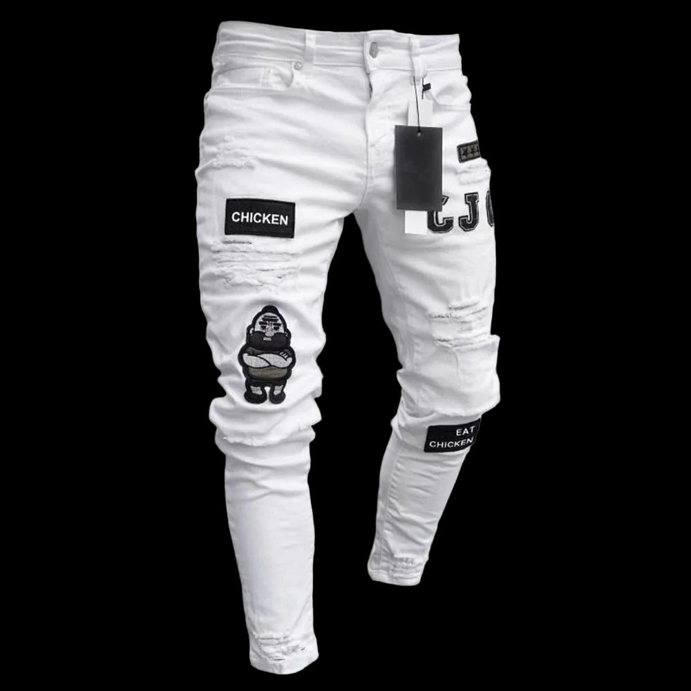 Jeans skinny bianchi ricamati da uomo, in cotone elasticizzato, con fori, vestibilità slim, stile hip hop, jeans casual da uomo.