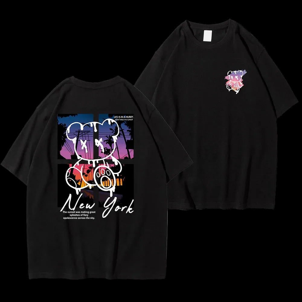 T-Shirt Uomo "New York Art" con Orso e Tramonto | Cotone Oversize | Stampa Artistica | 6 Taglie