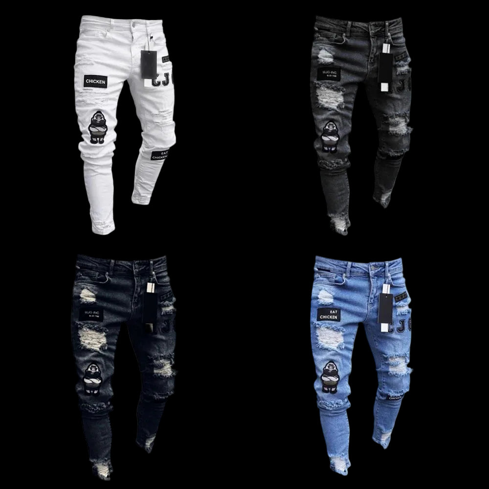 Jeans skinny bianchi ricamati da uomo, in cotone elasticizzato, con fori, vestibilità slim, stile hip hop, jeans casual da uomo.