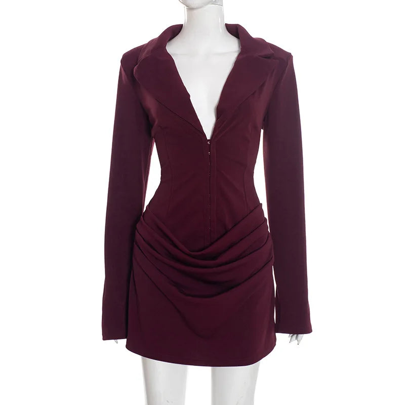 Tornova Deep V neck Ruched Mini Dress For Women Fashion High Waist Commuting Dress Long Sleeve Autumn Winter New Female Dress