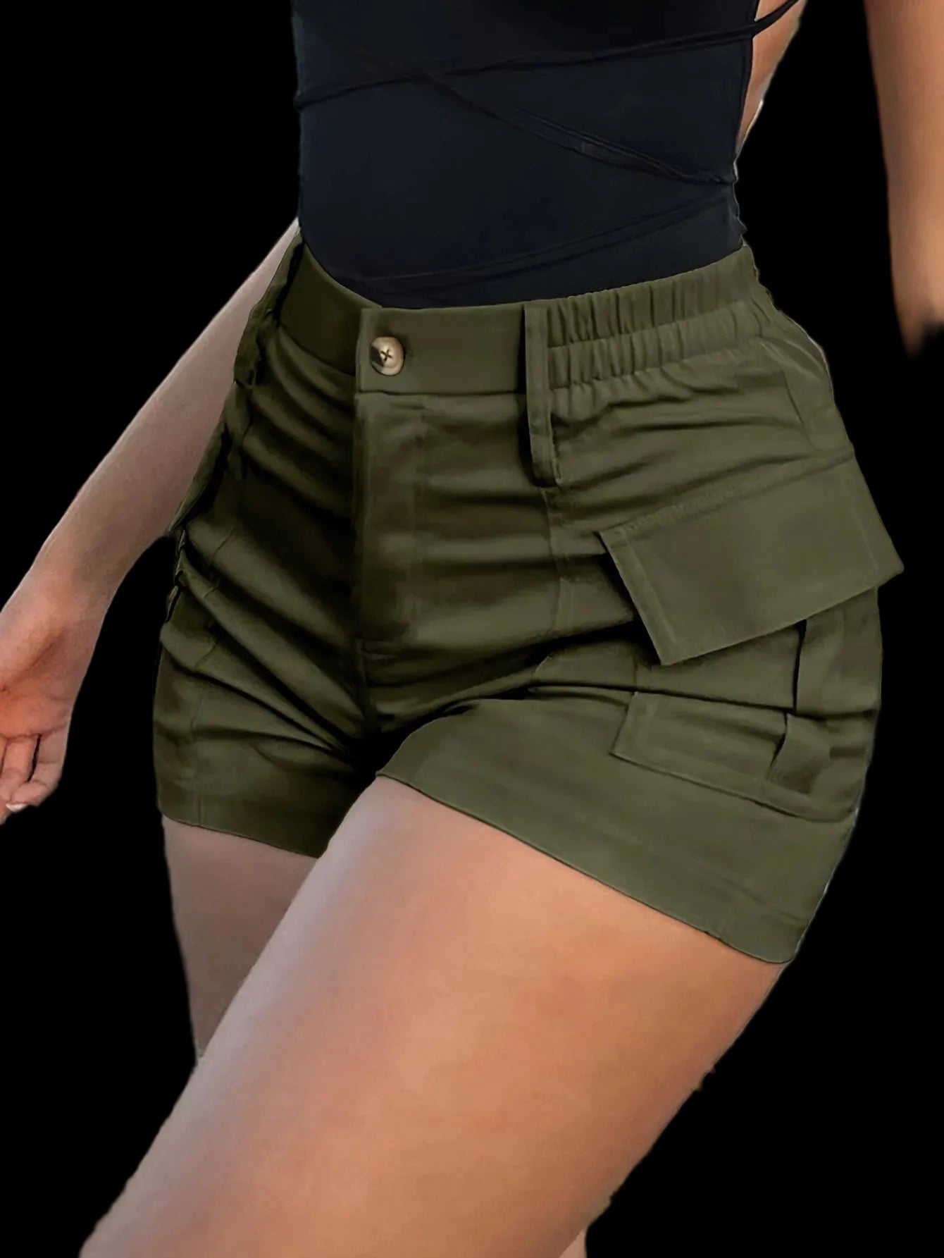 Pantaloncini casual da donna primavera 2025, vita alta, bottoni, streetwear, pantaloncini cargo con tasche.