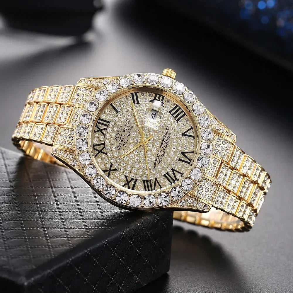 Hot Sale Diamond Bling Watch Men Gold Color Luxury Gift Quartz Watches Male Clock