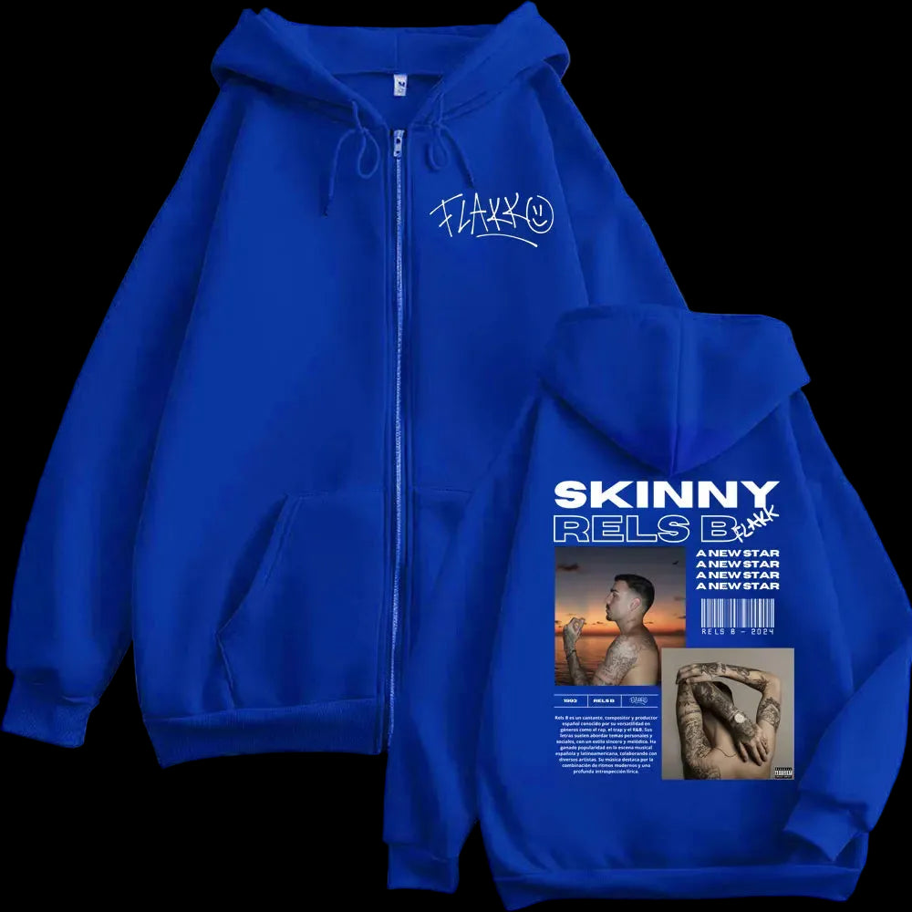 Felpa con cappuccio e zip con grafica del poster dell'album B del rapper RELS, uomo stile hip hop vintage, pullover con zip, felpe con cappuccio casual alla moda.