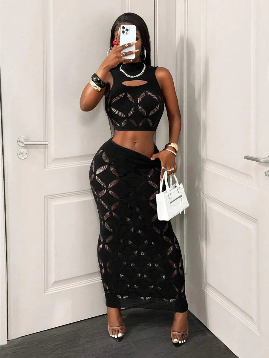 FHSEER 2PCS Women's Sexy Set Plus Size Black Mesh Hollow Out Crop Tank & High Waist Bodycon Mini Skirt Lace Stretechy Clubwear