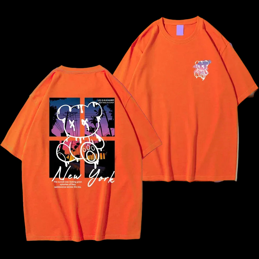 T-Shirt Uomo "New York Art" con Orso e Tramonto | Cotone Oversize | Stampa Artistica | 6 Taglie