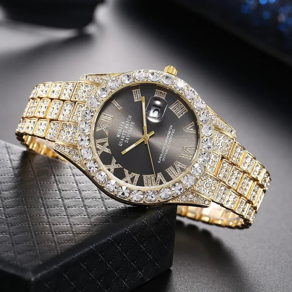 Hot Sale Diamond Bling Watch Men Gold Color Luxury Gift Quartz Watches Male Clock