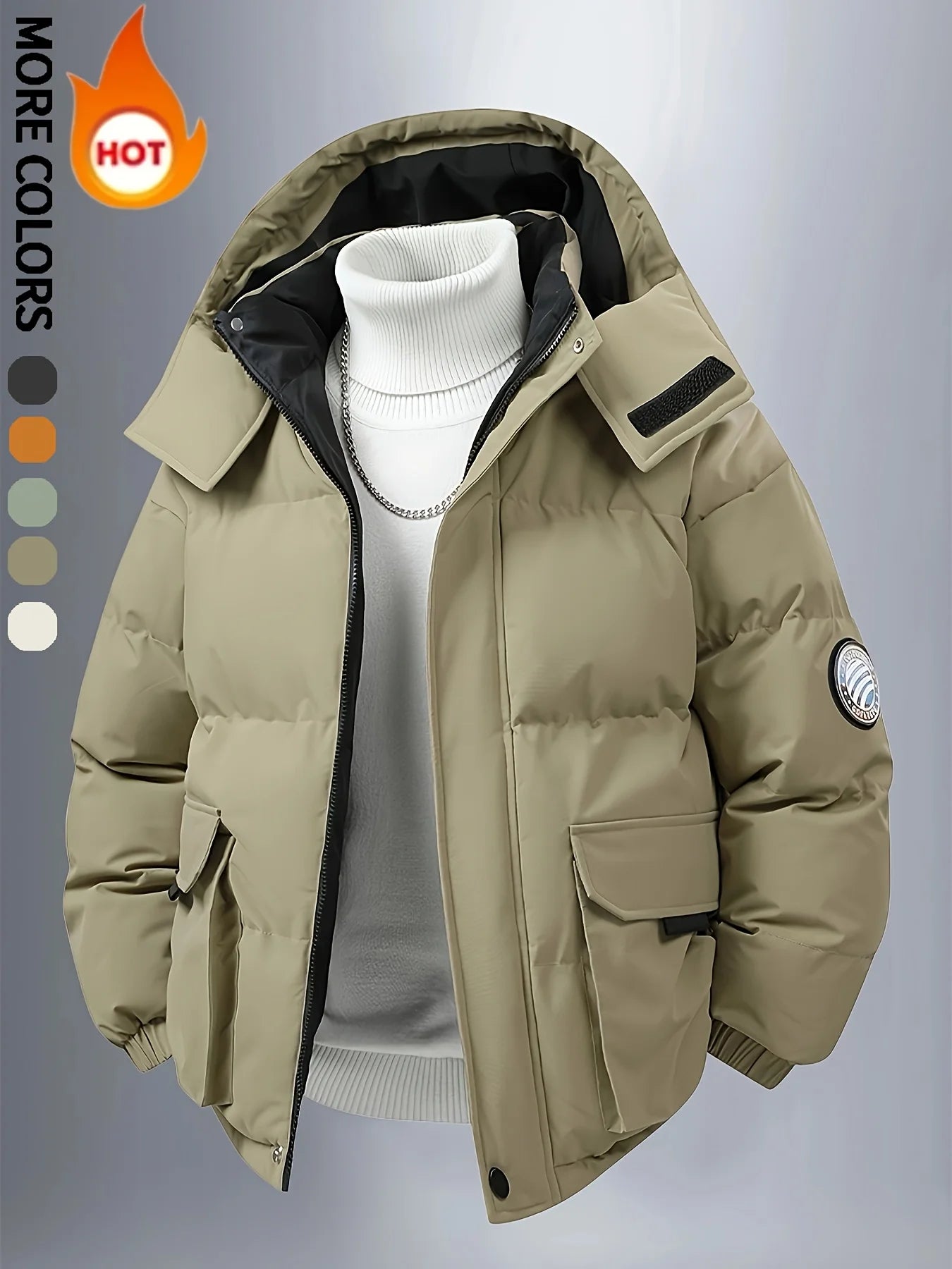 Men's Solid Color Detachable Hooded Thickened Jacket, Regular Casual Long-Sleeved Warm Lining Autum and Winter Jacket, Suitable for Men's Daily Wear, Autum Clothing, Fresh, Autum and Winter Matchinging