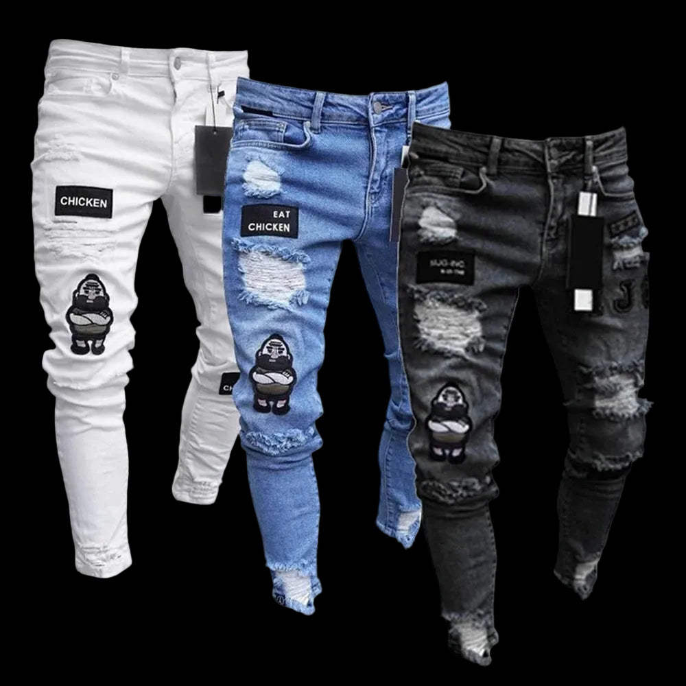 Jeans skinny bianchi ricamati da uomo, in cotone elasticizzato, con fori, vestibilità slim, stile hip hop, jeans casual da uomo.