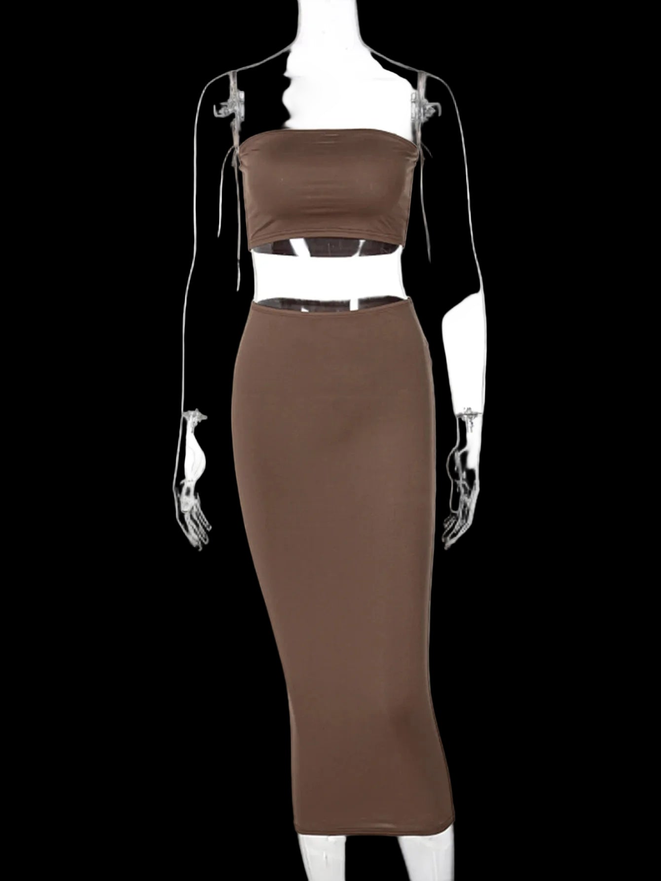 Completo da donna  elegante 2 pezzi: top corto senza spalline, gonna lunga, abbigliamento casual estivo 2025