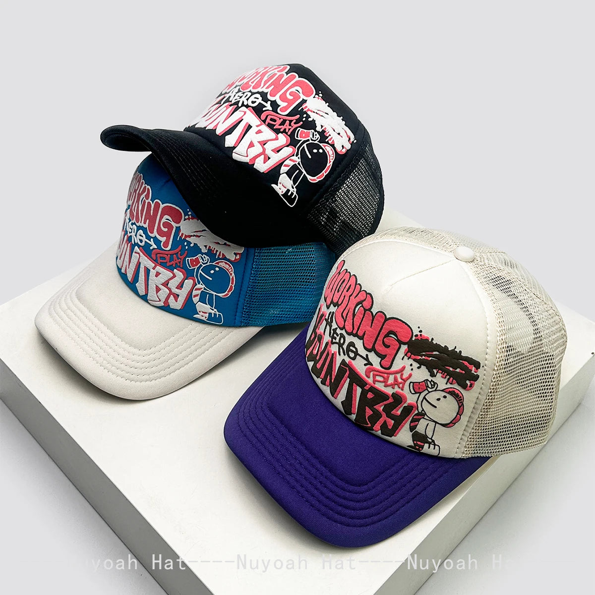 New Unisex Cartoon Character Graffiti Printed Letter Baseball Hats Sunshade Color Block Breathable Trucker Caps Versatile Mesh