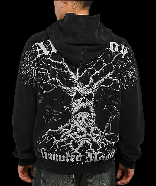 Affliction x Haunted Mound Harold Felpa con zip nera Felpe gotiche Nuova felpa con cappuccio da uomo