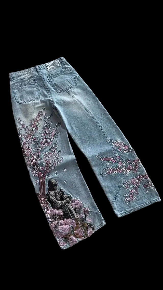 Jeans vintage con ricamo Cherry Blossom Black Knight