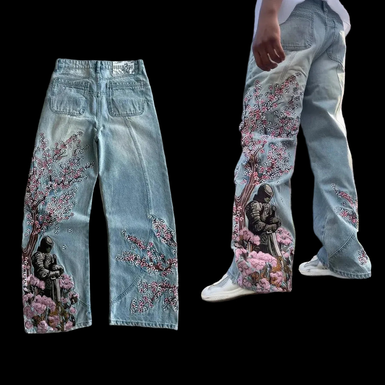 Jeans vintage con ricamo Cherry Blossom Black Knight