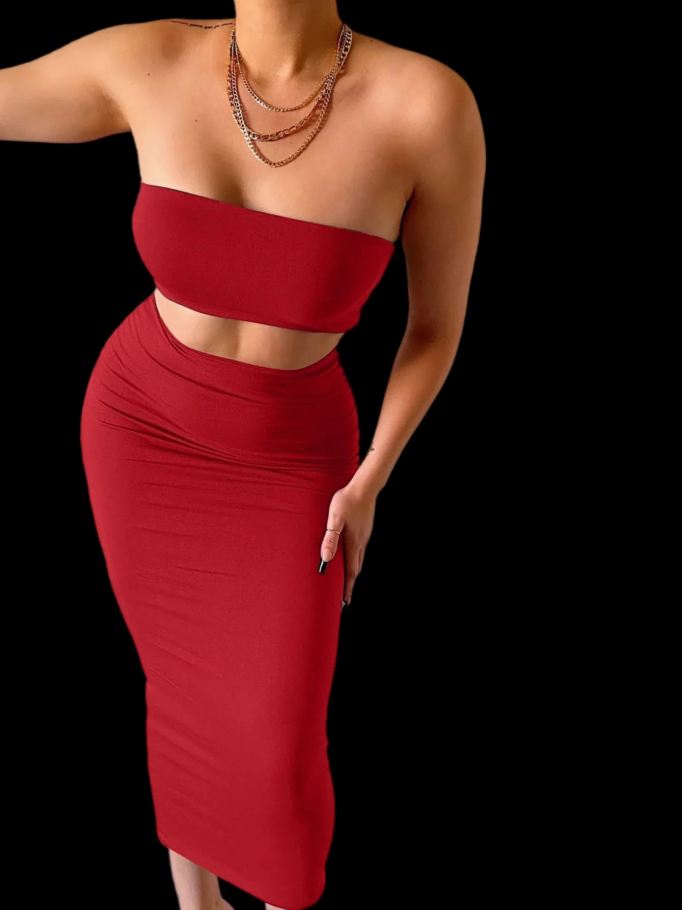 Completo da donna  elegante 2 pezzi: top corto senza spalline, gonna lunga, abbigliamento casual estivo 2025