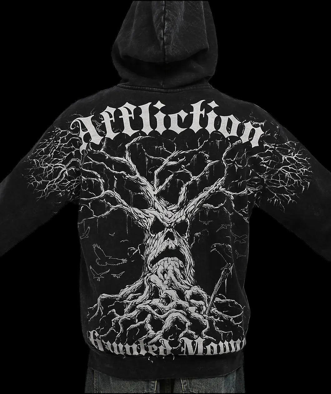 Affliction x Haunted Mound Harold Felpa con zip nera Felpe gotiche Nuova felpa con cappuccio da uomo