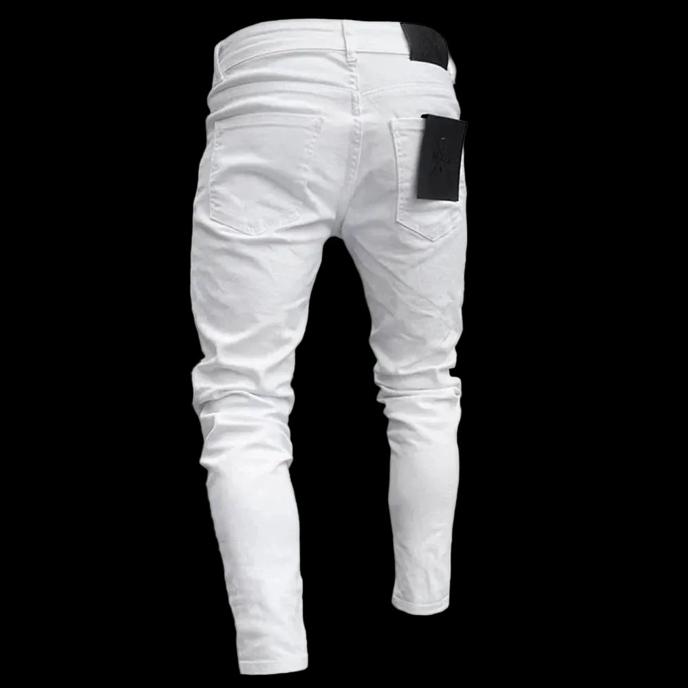 Jeans skinny bianchi ricamati da uomo, in cotone elasticizzato, con fori, vestibilità slim, stile hip hop, jeans casual da uomo.