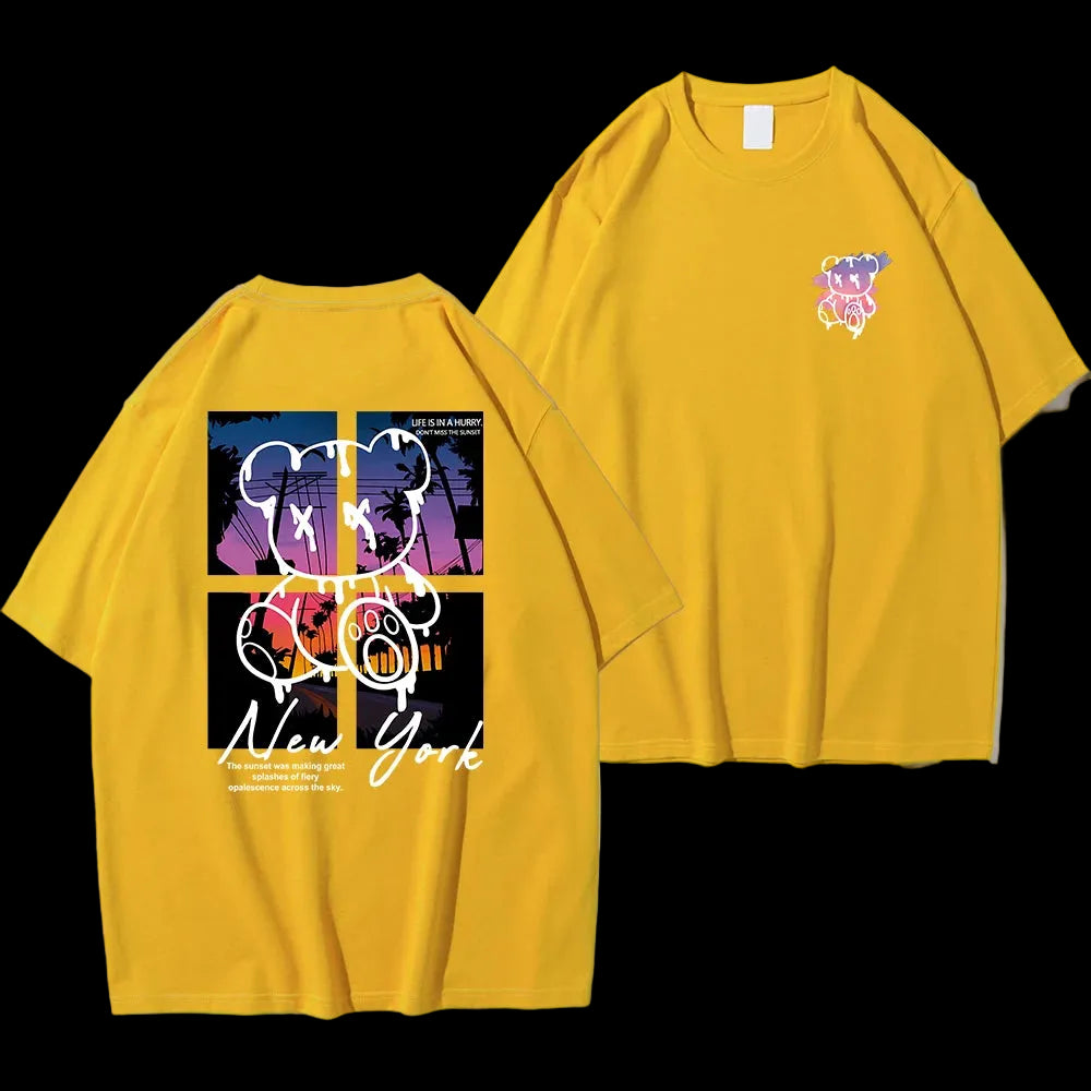 T-Shirt Uomo "New York Art" con Orso e Tramonto | Cotone Oversize | Stampa Artistica | 6 Taglie