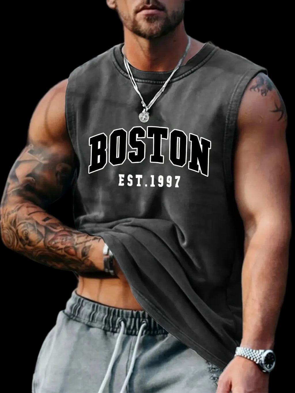Canotta  sportivo casual estivo da uomo Boston est 1997 con stampa, comodo e traspirante, girocollo, senza maniche