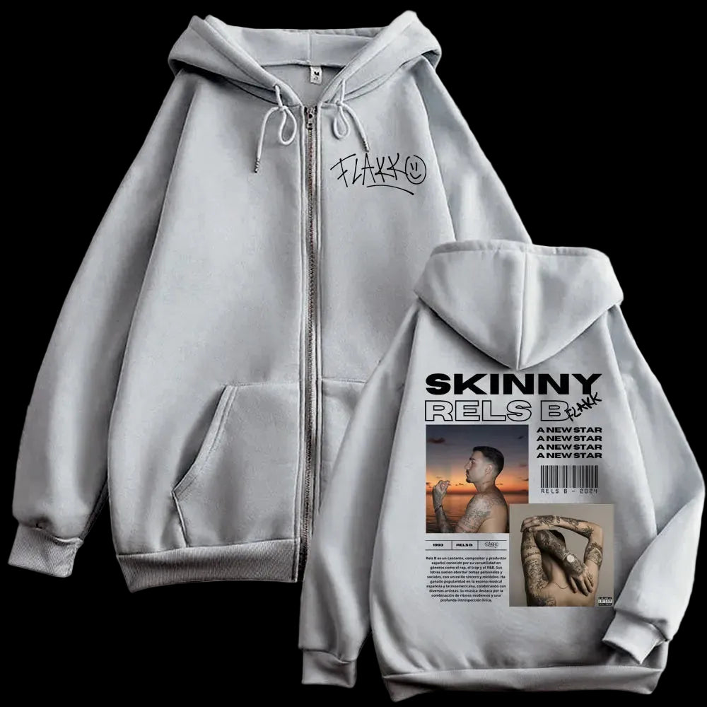 Felpa con cappuccio e zip con grafica del poster dell'album B del rapper RELS, uomo stile hip hop vintage, pullover con zip, felpe con cappuccio casual alla moda.