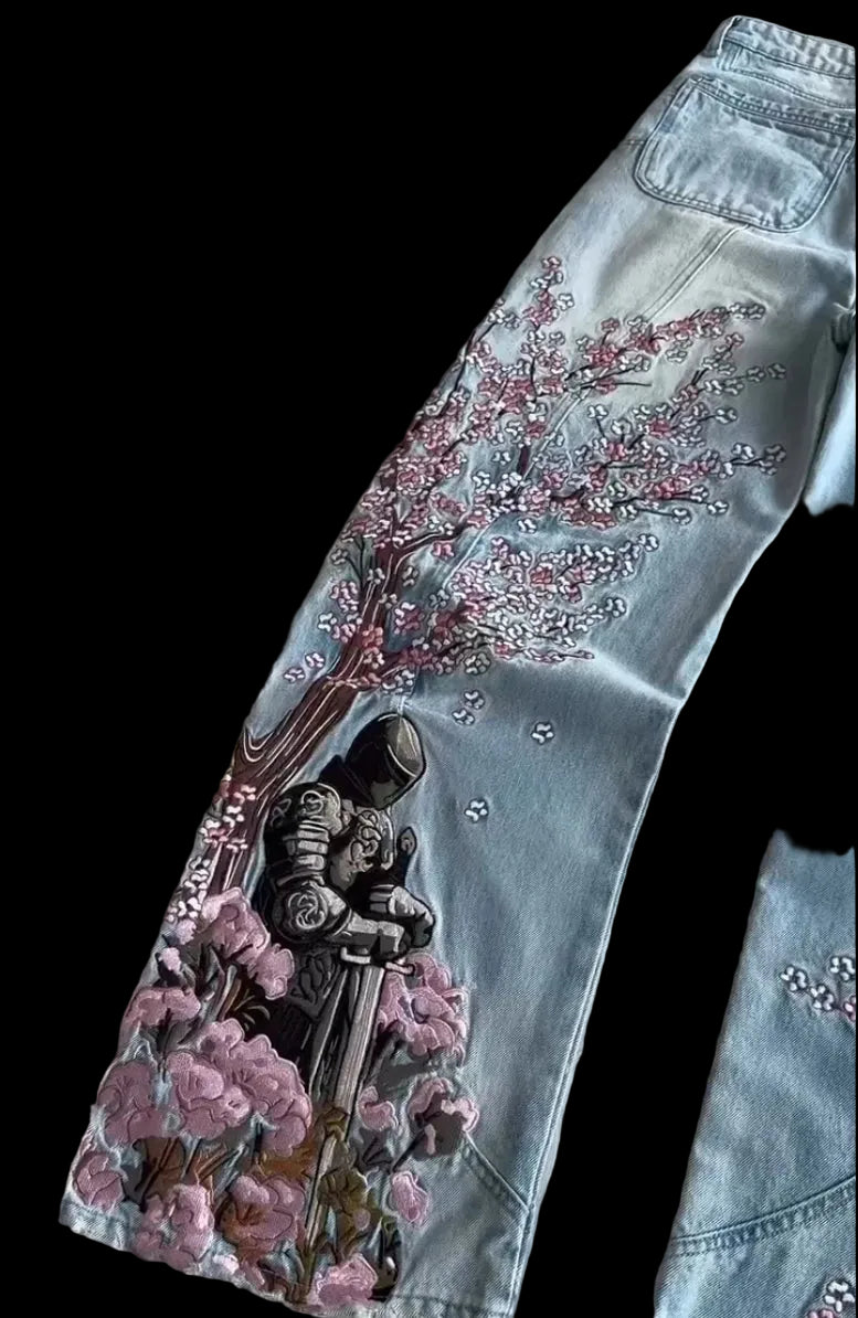 Jeans vintage con ricamo Cherry Blossom Black Knight