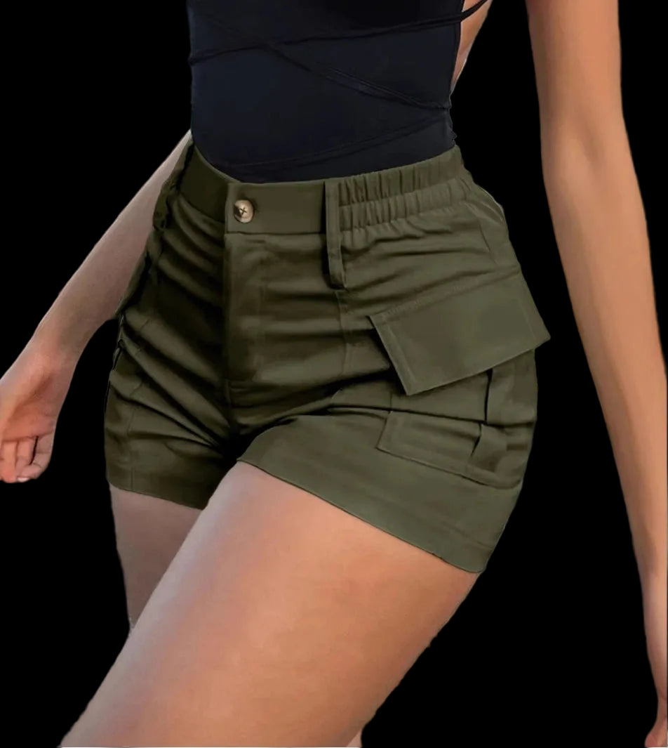 Pantaloncini casual da donna primavera 2025, vita alta, bottoni, streetwear, pantaloncini cargo con tasche.