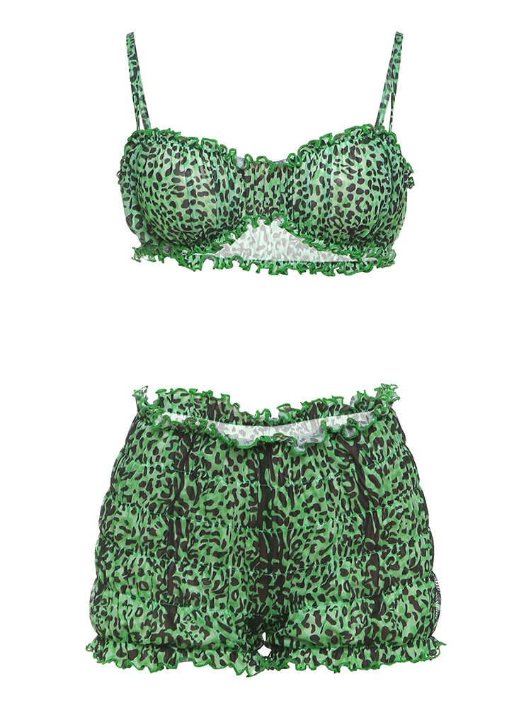Weird Puss Leopard Print Women 2 Piece Set Sexy See Through Summer Ruffles Camisole+Shorts Vacation Matching Clubwear Outfits