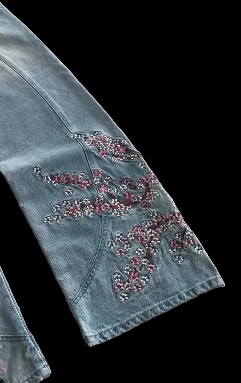 Jeans vintage con ricamo Cherry Blossom Black Knight