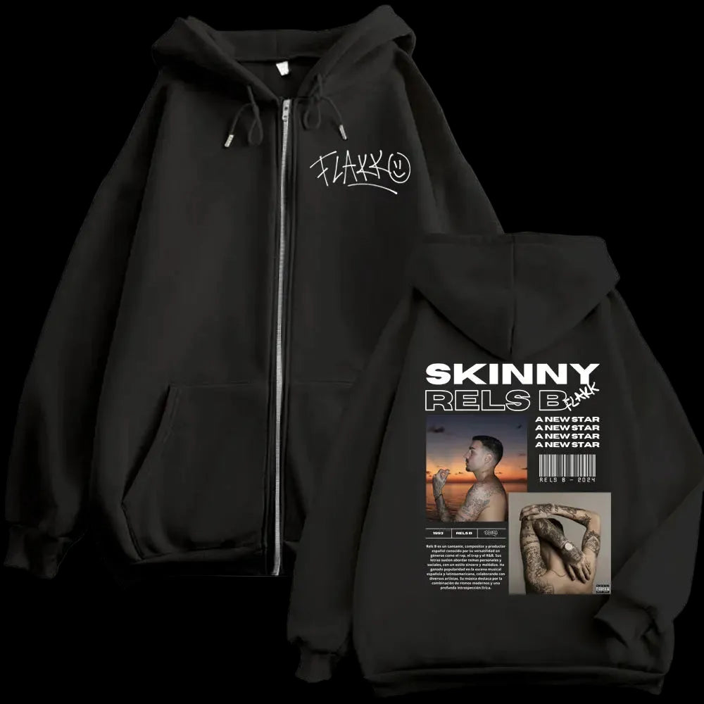 Felpa con cappuccio e zip con grafica del poster dell'album B del rapper RELS, uomo stile hip hop vintage, pullover con zip, felpe con cappuccio casual alla moda.