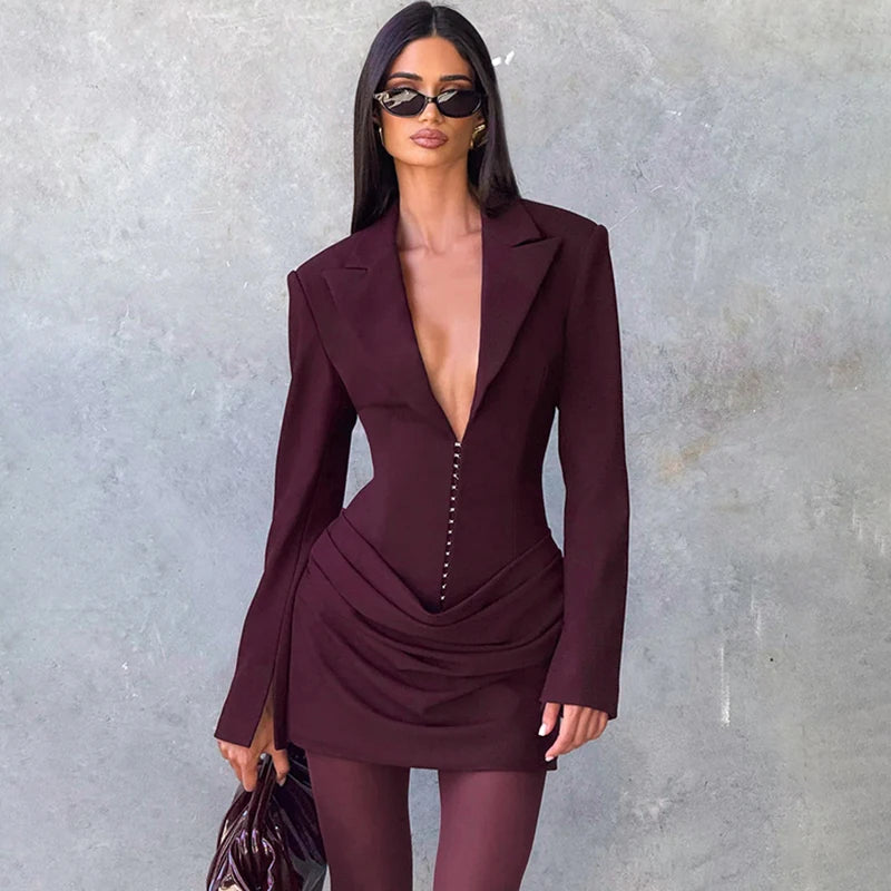 Tornova Deep V neck Ruched Mini Dress For Women Fashion High Waist Commuting Dress Long Sleeve Autumn Winter New Female Dress