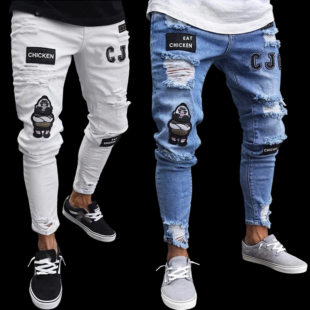 Jeans skinny bianchi ricamati da uomo, in cotone elasticizzato, con fori, vestibilità slim, stile hip hop, jeans casual da uomo.