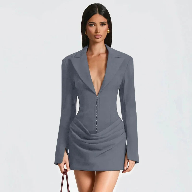 Tornova Deep V neck Ruched Mini Dress For Women Fashion High Waist Commuting Dress Long Sleeve Autumn Winter New Female Dress