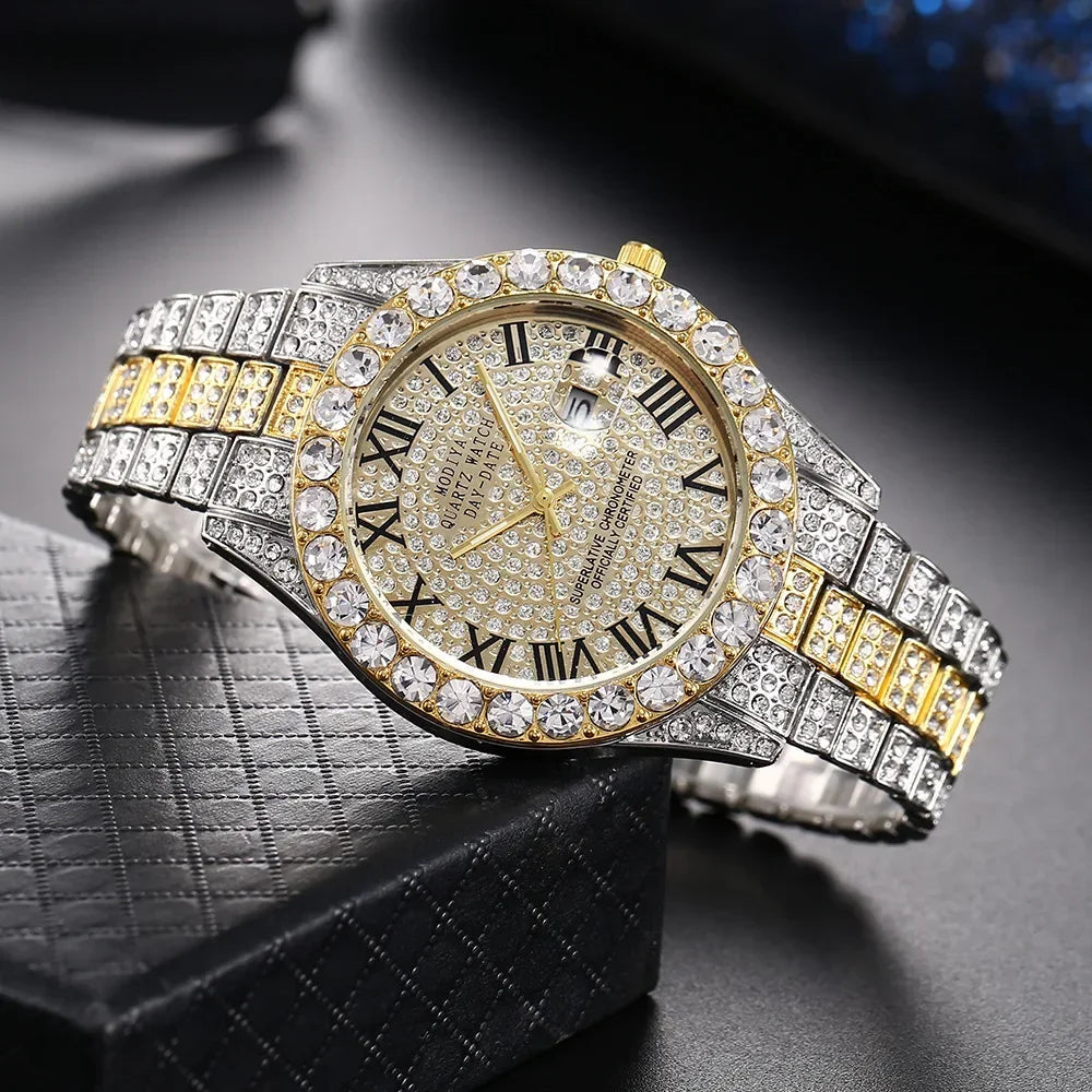 Hot Sale Diamond Bling Watch Men Gold Color Luxury Gift Quartz Watches Male Clock