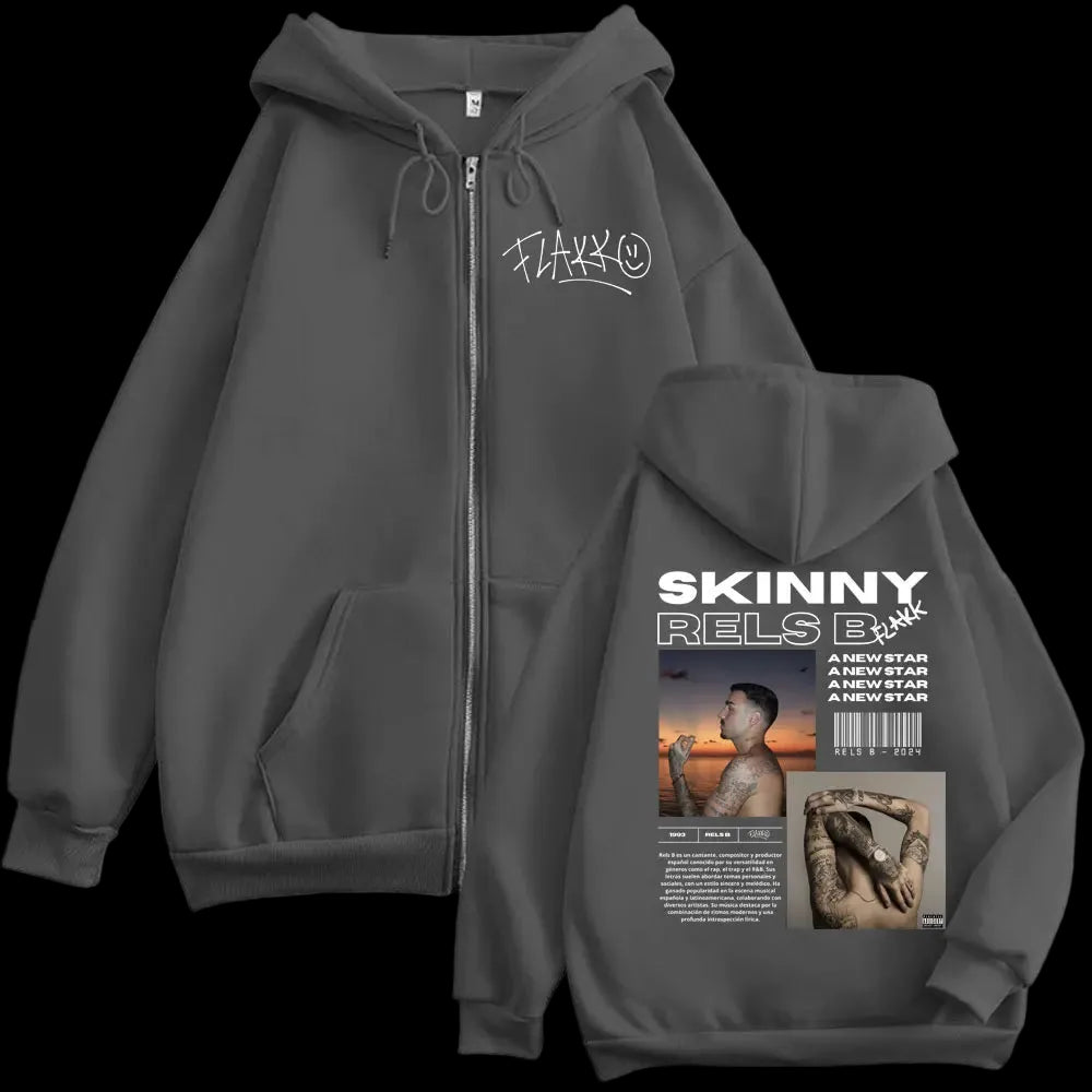Felpa con cappuccio e zip con grafica del poster dell'album B del rapper RELS, uomo stile hip hop vintage, pullover con zip, felpe con cappuccio casual alla moda.
