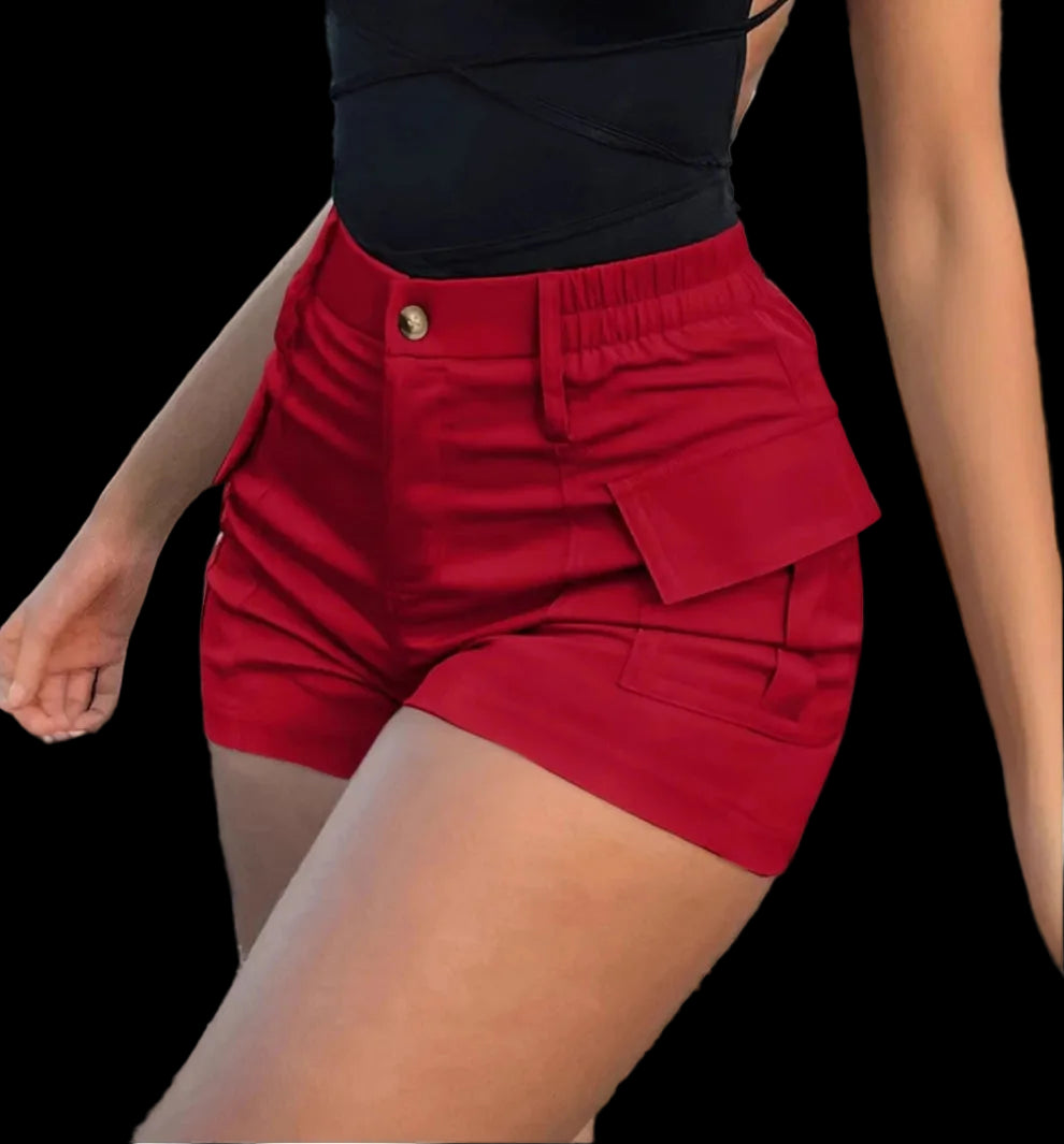 Pantaloncini casual da donna primavera 2025, vita alta, bottoni, streetwear, pantaloncini cargo con tasche.