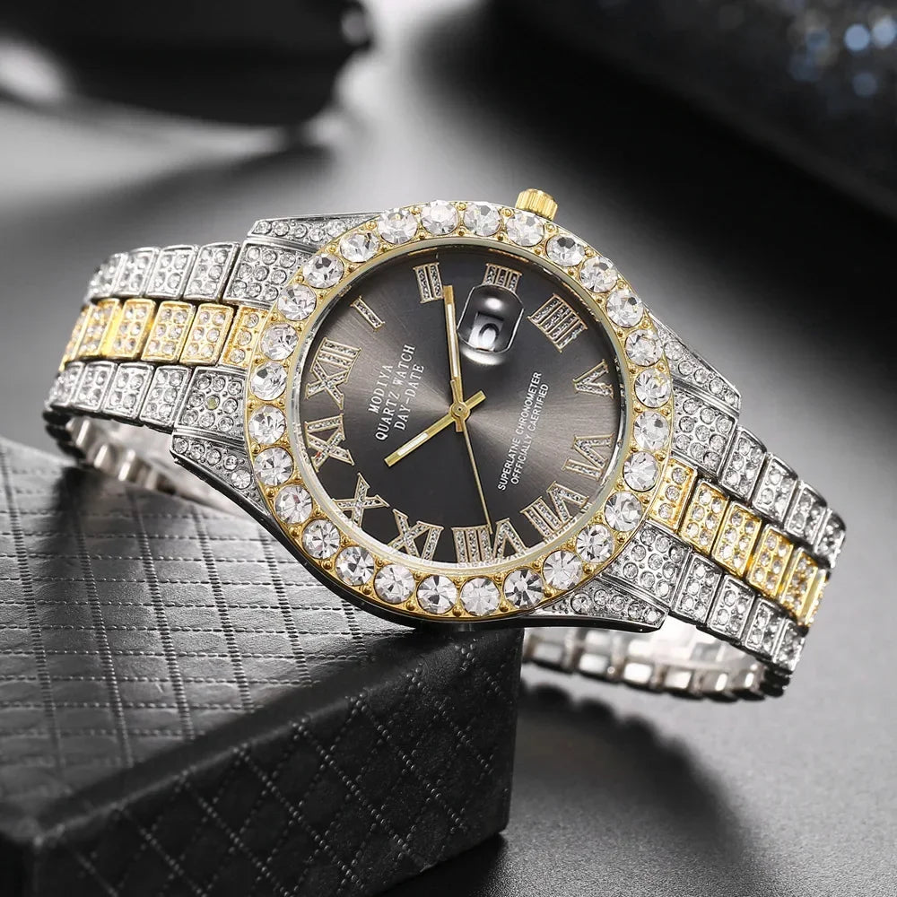 Hot Sale Diamond Bling Watch Men Gold Color Luxury Gift Quartz Watches Male Clock
