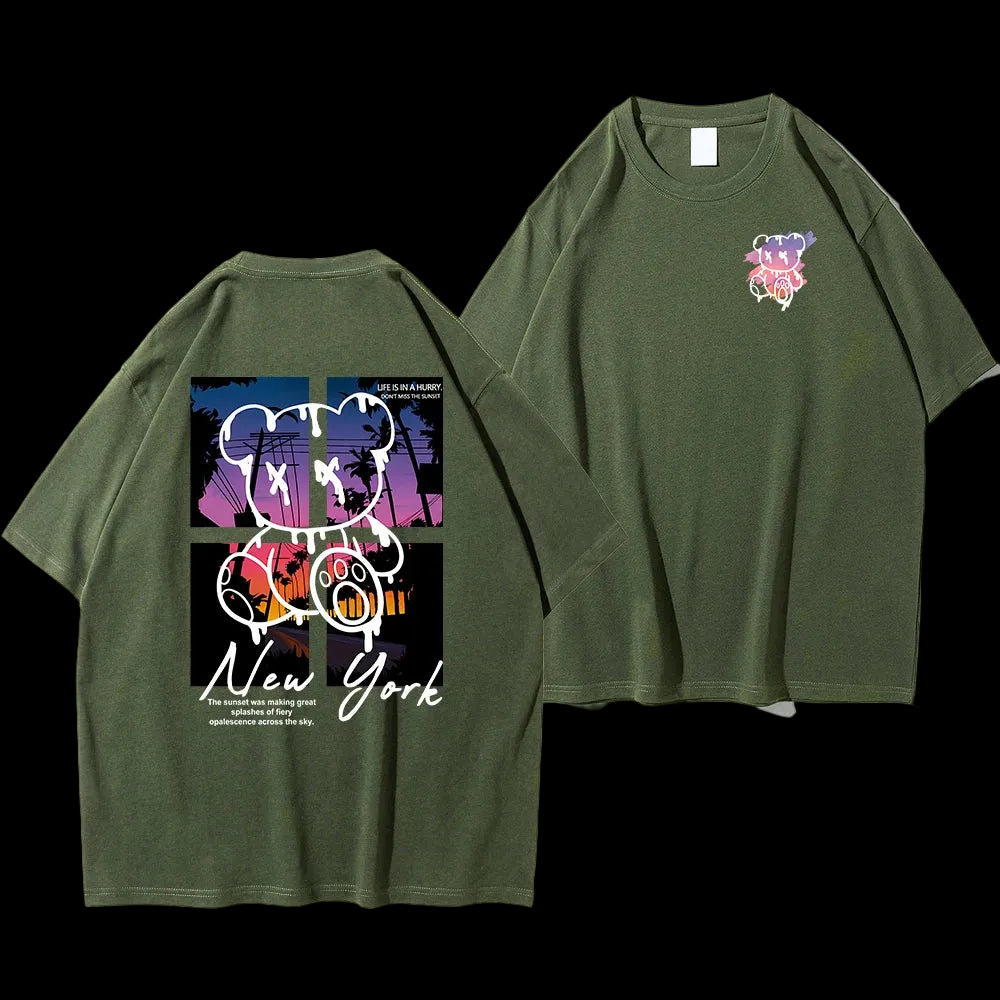 T-Shirt Uomo "New York Art" con Orso e Tramonto | Cotone Oversize | Stampa Artistica | 6 Taglie