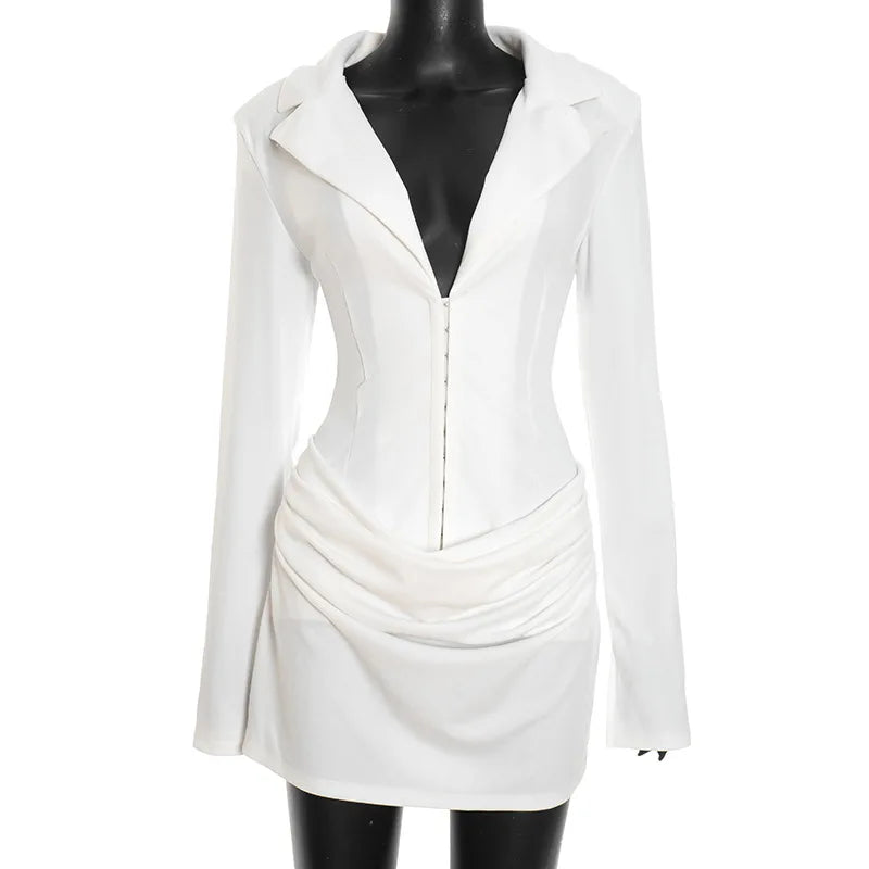 Tornova Deep V neck Ruched Mini Dress For Women Fashion High Waist Commuting Dress Long Sleeve Autumn Winter New Female Dress