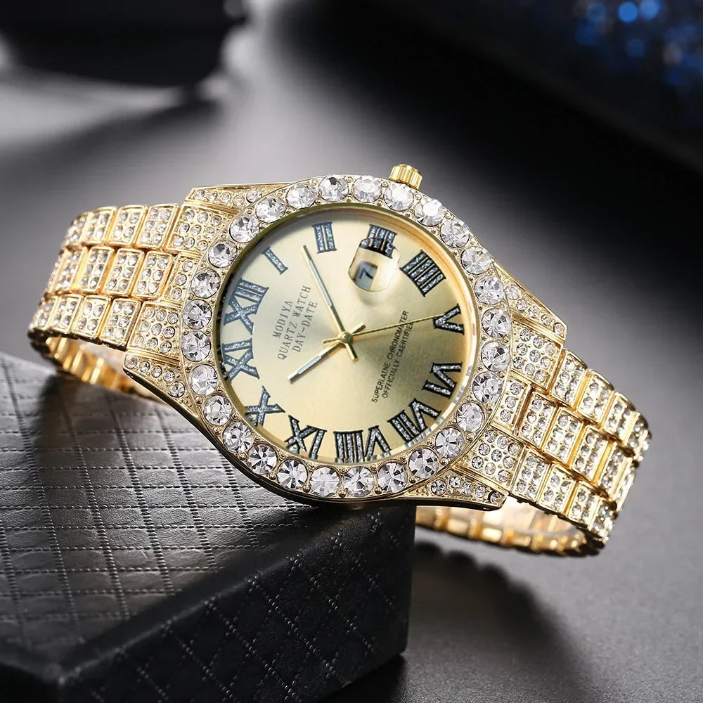 Hot Sale Diamond Bling Watch Men Gold Color Luxury Gift Quartz Watches Male Clock