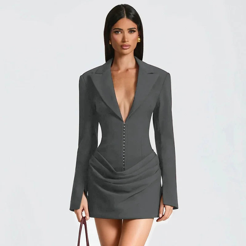 Tornova Deep V neck Ruched Mini Dress For Women Fashion High Waist Commuting Dress Long Sleeve Autumn Winter New Female Dress